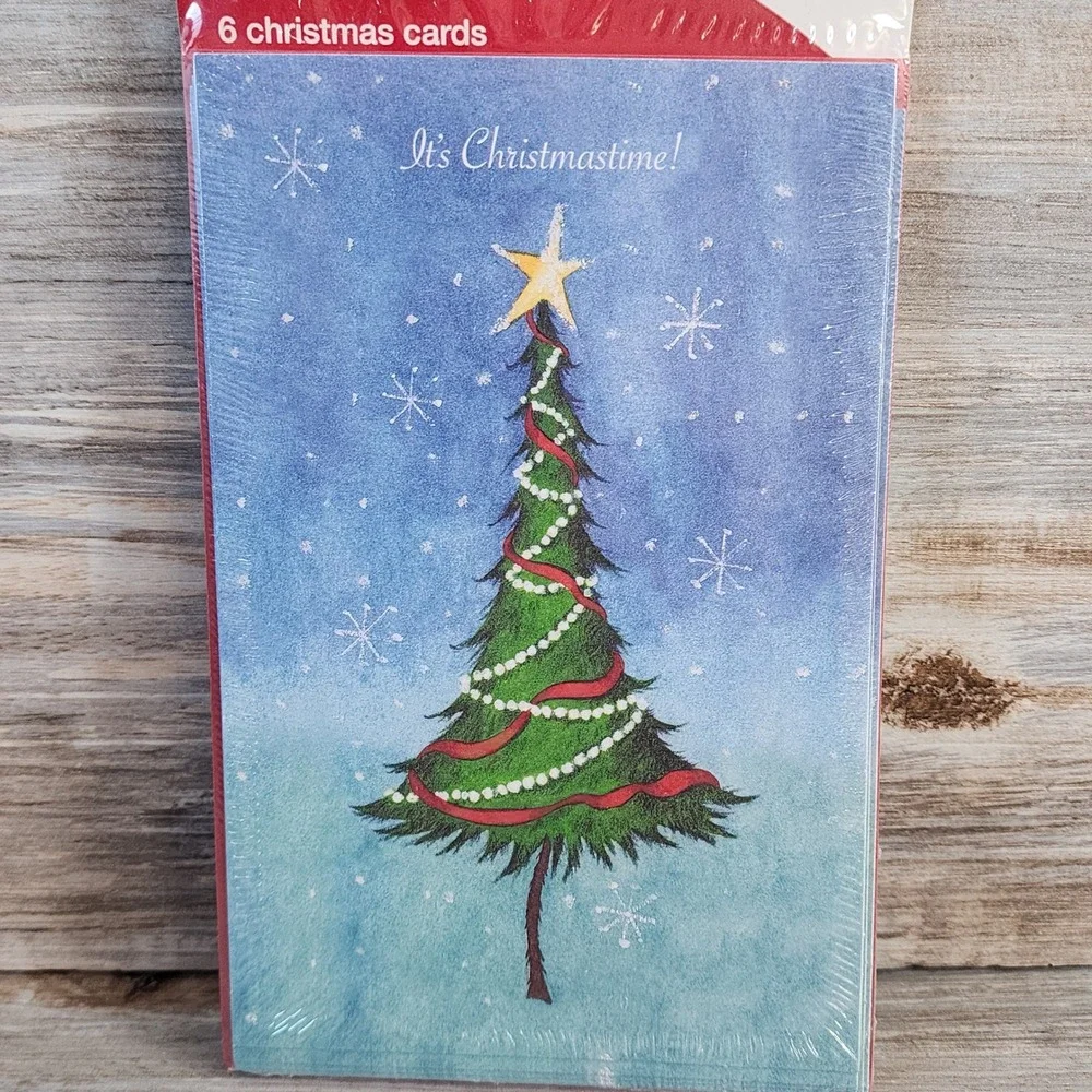 Set of 6 Christmas Cards Watercolor Tree Star Snowy Blue Holiday Greeting Cards